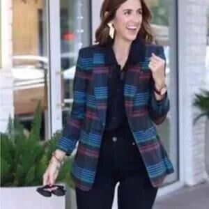 Cabi Small Blazer One Button Blue Red Green Plaid Black Back Ground 3850